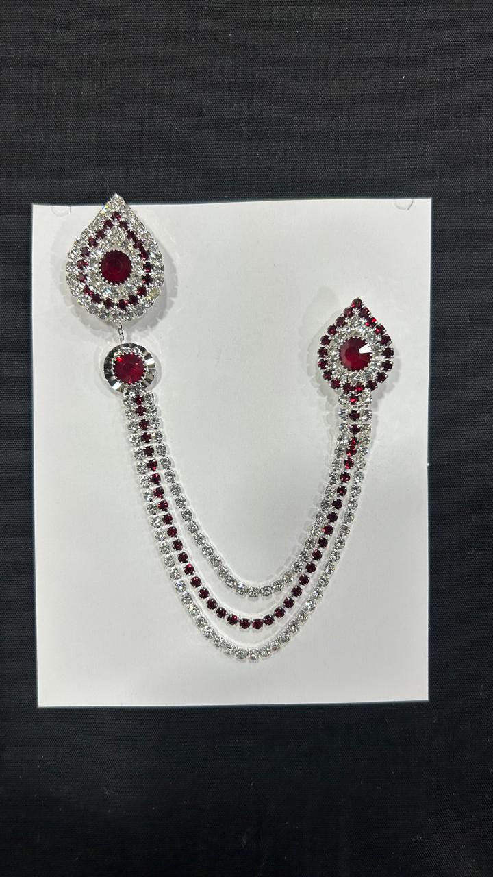 Stoned Drop Silver/Red Sherwani/Jodhpuri Broch